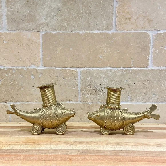 Candle Stand / Holder - Brass Dhokra Fish Shape - Vintage - Handmade Set of 2 - Picture 3 of 9